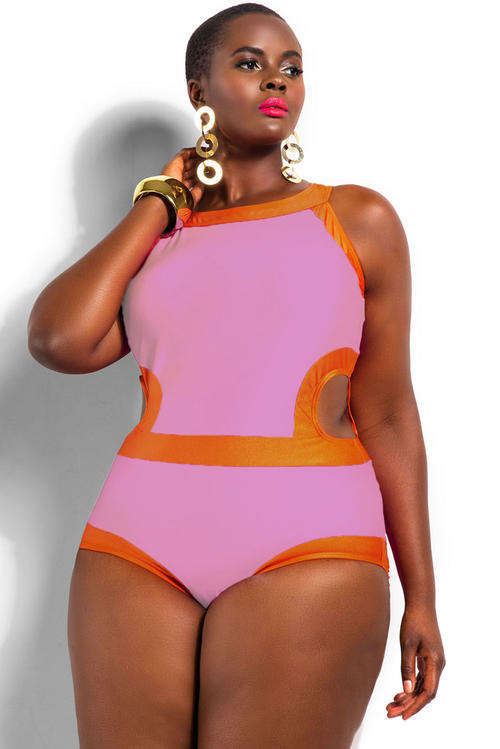 **PLUS SIZE** TRENDY CUT AWAY DETAIL CONTRAST COLOUR SWIMSUIT