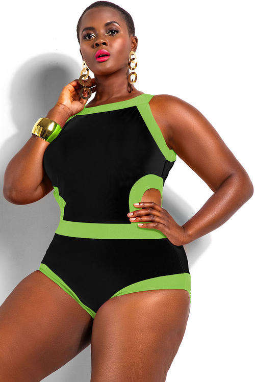 **PLUS SIZE** TRENDY CUT AWAY DETAIL CONTRAST COLOUR SWIMSUIT