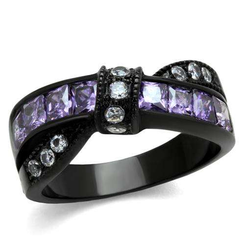 UNUSUAL BLACK STAINLESS STEEL SIMULATED AMETHYST LADIES RING