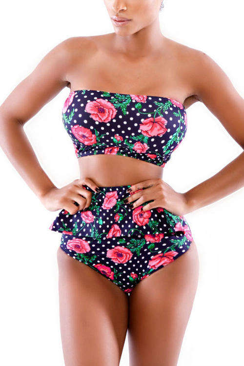 PRETTY ROSE & POLKA DOT PEPLUM STYLE BIKINI