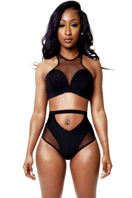 BEAUTIFUL BLACK MESH INSERT HIGH WAIST BIKINI
