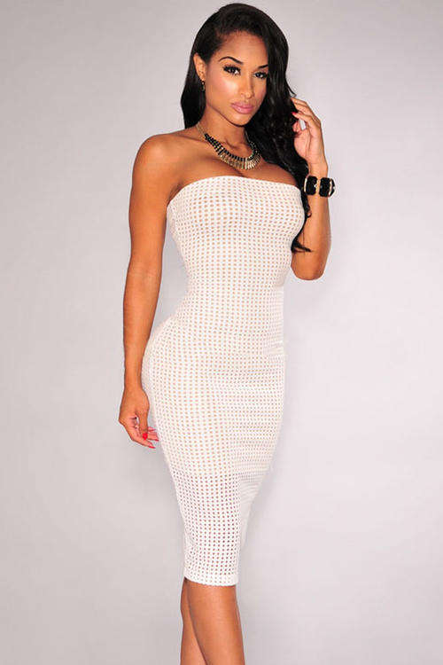 SEXY STRAPLESS LASER CUT DETAIL DRESS