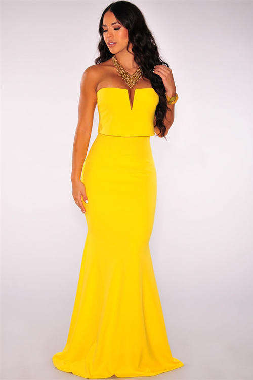 BOLD STRAPLESS YELLOW MAXI DRESS