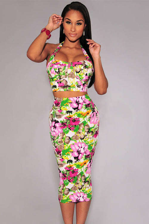 2PC FANTASTIC FLORAL PRINT SKIRT SET