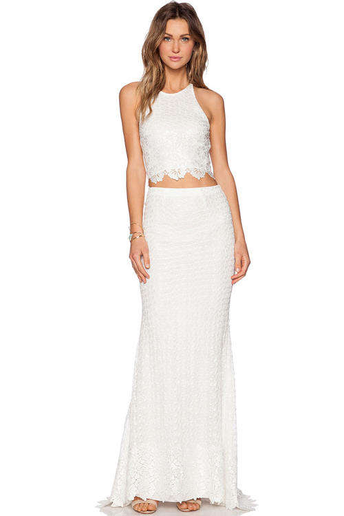 2PC STUNNING WHITE LACE MAXI SKIRT SET