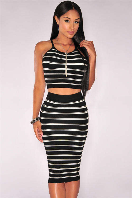 2PC SEXY STRIPE DETAIL MIDI SKIRT SET