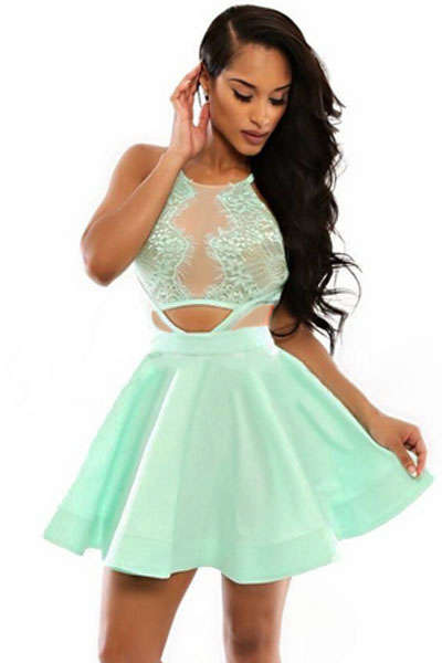 ELEGANT EMBROIDERED LACE AND CUT AWAY DETAIL SKATER DRESS