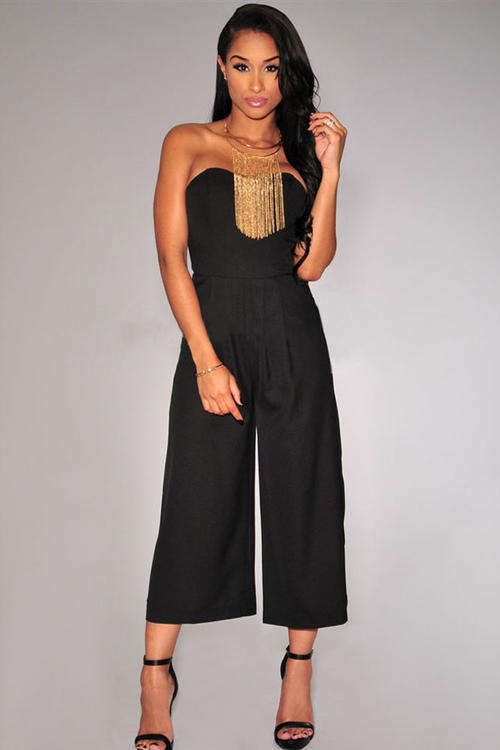 SEXY STRAPLESS SOLID BLACK JUMPSUIT