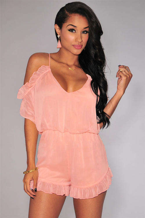 PRETTY PINK RUFFLE DETAIL OFF SHOULDER DESIGN ROMPER