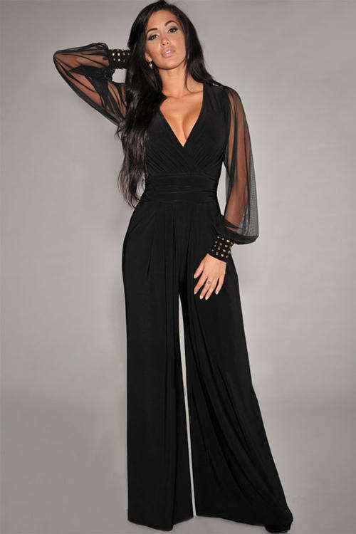 LOVELY LONG MESH SLEEVES WITH EMBELLISHED CUFFS DETAIL JUMPSUIT (SMALL TO PLUS SIZE)