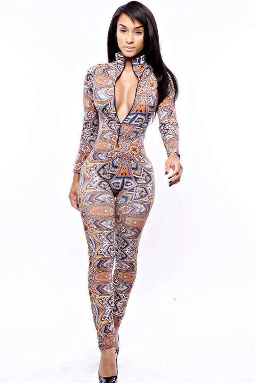 TRENDY TRIBAL PRINT FRONT ZIP DETAIL JUMPSUIT