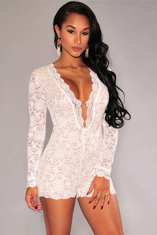 LOVELY LACE OVERLAY LONG SLEEVE ROMPER