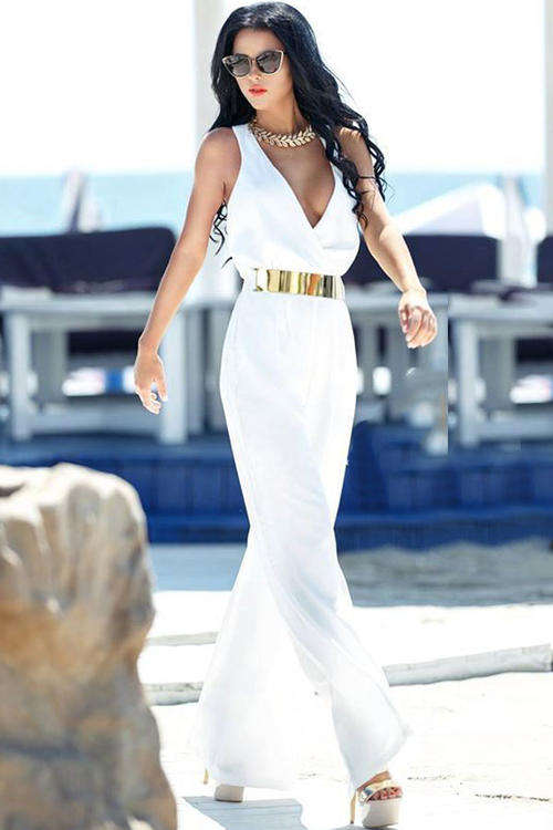 WONDERFUL WHITE DEEP V NECKLINE JUMPSUIT
