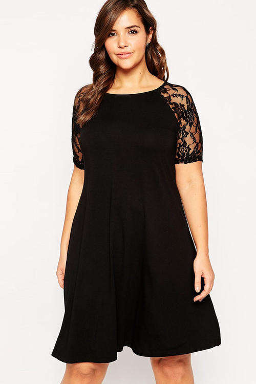 **PLUS SIZE** LOVELY LACE SLEEVE DETAIL SWING DRESS