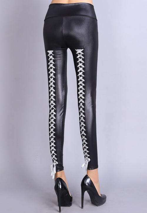 STYLISH LACE UP BACK LEATHER LOOK LEGGINGS