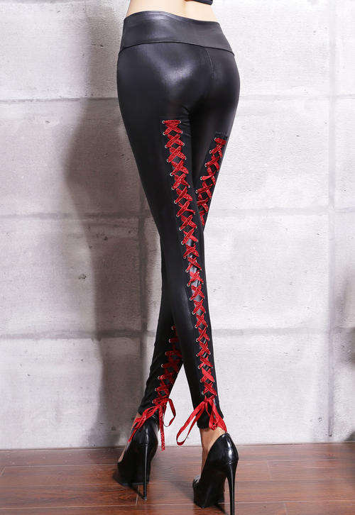 STYLISH LACE UP BACK LEATHER LOOK LEGGINGS