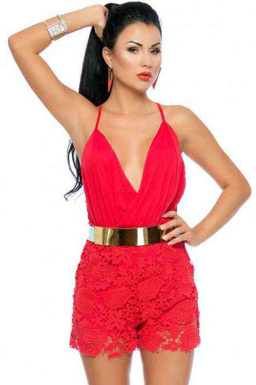 HOT RED LACE SHORTS DETAIL ROMPER