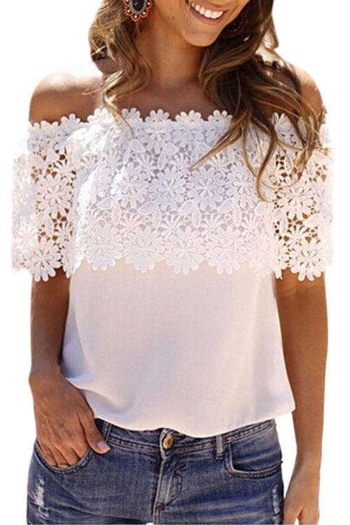 GORGEOUS WHITE FLOWER LACE SPLICED OFF SHOULDER CHIFFON TOP