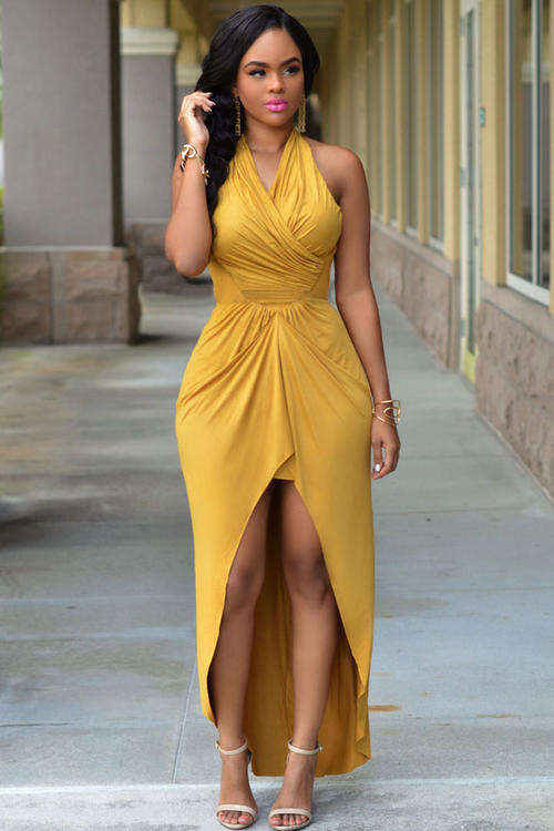 GORGEOUS RUCHED FRONT DETAIL HIGH LOW DESIGN DRESS
