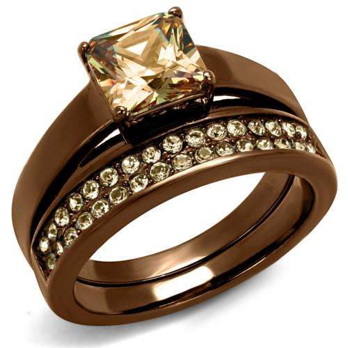 BEAUTIFUL SIMULATED CITRINE BROWN STAINLESS STEEL LADIES WEDDING RING SET