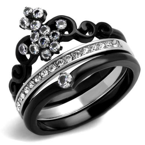 UNUSUAL BLACK STAINLESS STEEL SIMULATED DIAMOND LADIES WEDDING RING SET