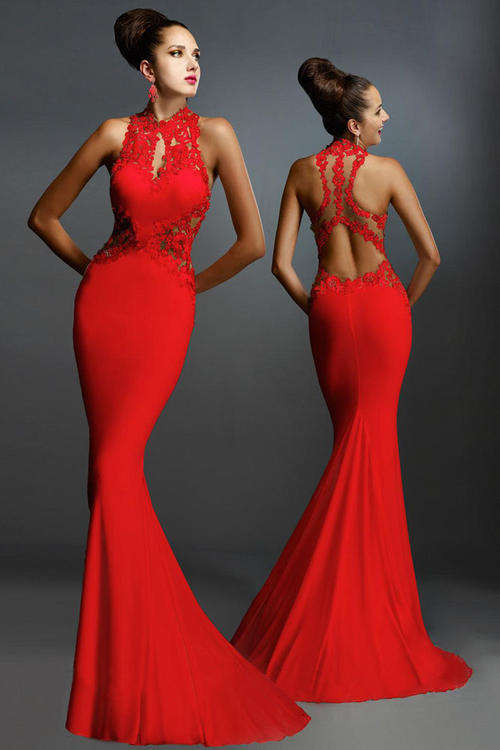 ***HOT SPECIAL*** SHIMMERING RED OPEN BACK FLORAL APPLIQUE EVENING DRESS - M/L