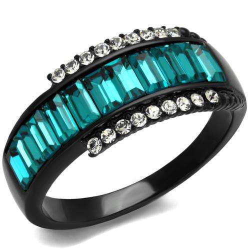 UNUSUAL BLACK STAINLESS STEEL SIMULATED BLUE TOPAZ LADIES RING
