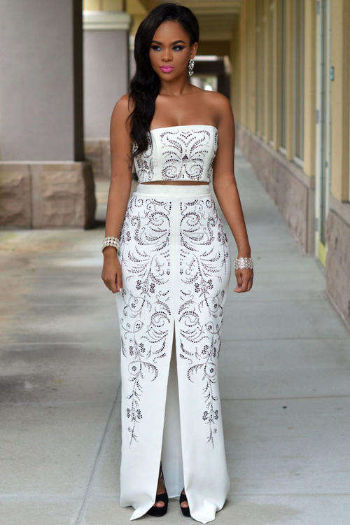2PC MAGNIFICENT JEWELLED FRONT DETAIL SKIRT SET