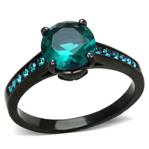 **BLACK STAINLESS STEEL SIMULATED EMERALD LADIES RING