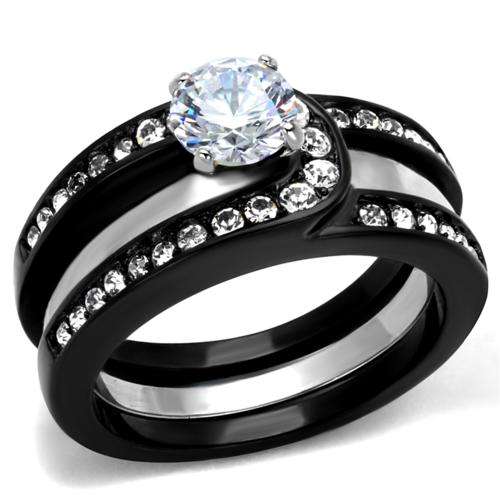 BEAUTIFUL SIMULATED DIAMOND BLACK STAINLESS STEEL WEDDING RING SET