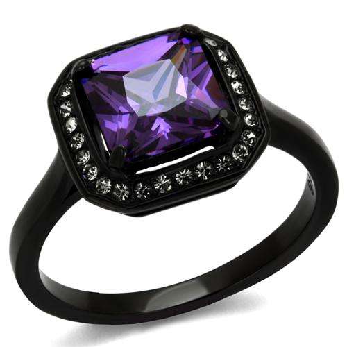 UNUSUAL BLACK STAINLESS STEEL SIMULATED AMETHYST LADIES RING