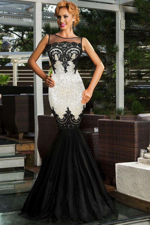 GLAMOROUS SEQUIN AND LACE DETAIL MERMAID STYLE EVENING DRESS