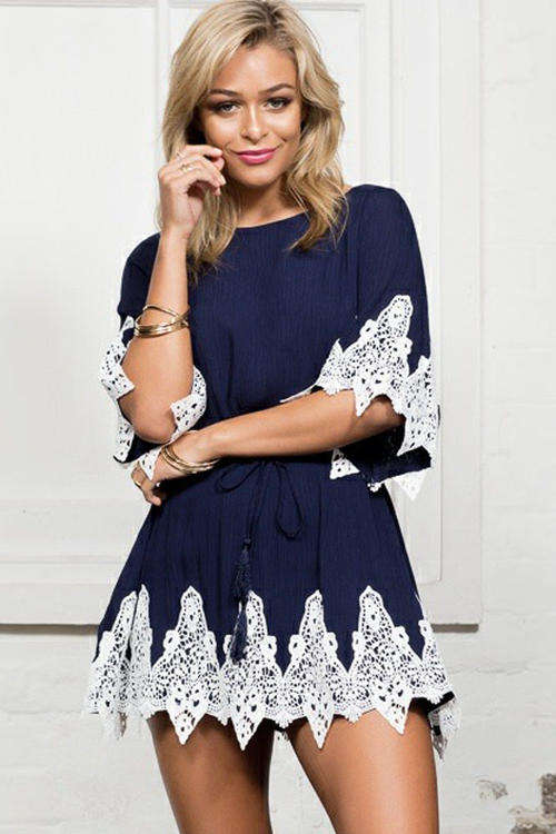 LOVELY LACE APPLIQUE TRIM DETAIL SKATER DRESS