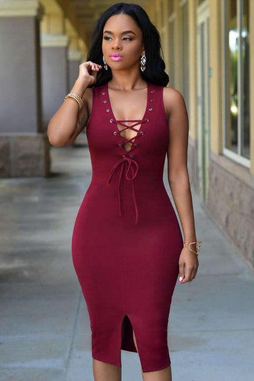 STUNNING LACE UP FRONT MIDI DRESS