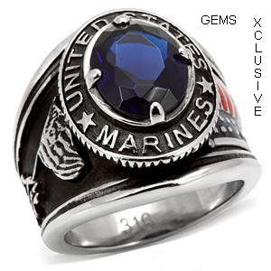 SOLID STAINLESS STEEL SIMULATED SAPPHIRE MENS MARINE RING
