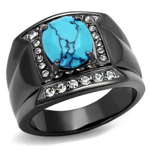 SOLID GUN METAL STAINLESS STEEL MENS SIMULATED TURQUOISE RING
