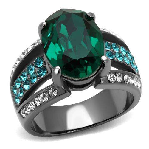 BEAUTIFUL AND BOLD SIMULATED EMERALD GUN METAL STAINLESS STEEL LADIES RING