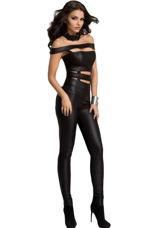 LOVELY LEATHER LOOK CUT AWAY DETAIL PLAYSUIT