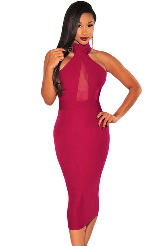 SEXY SHEER MESH CENTRE DETAIL MIDI DRESS