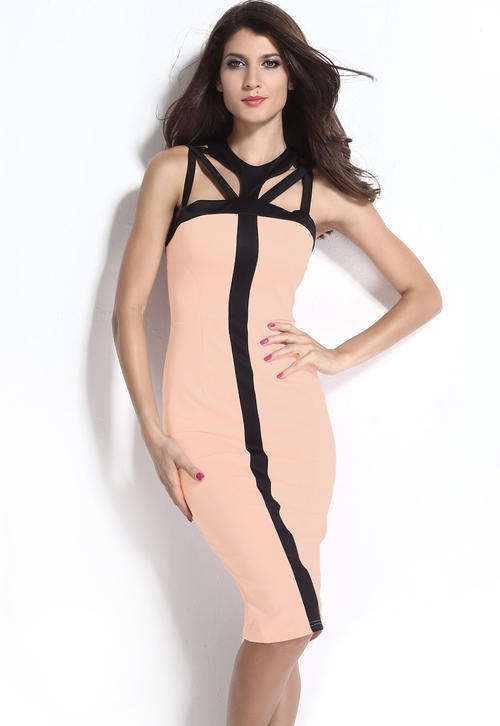 PRETTY PINK WITH BLACK CAGED NECKLINE DRESS