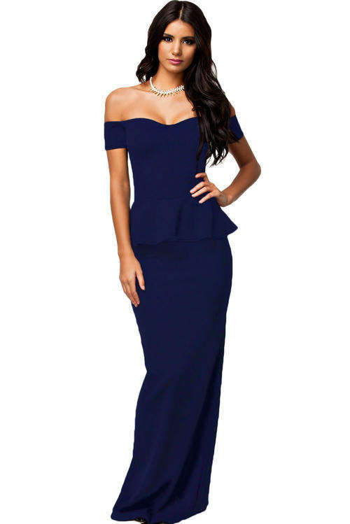 Off The Shoulder Long Floor Length Blue Peplum Style Formal Evening Dress (MEDIUM TO PLUS SIZE)