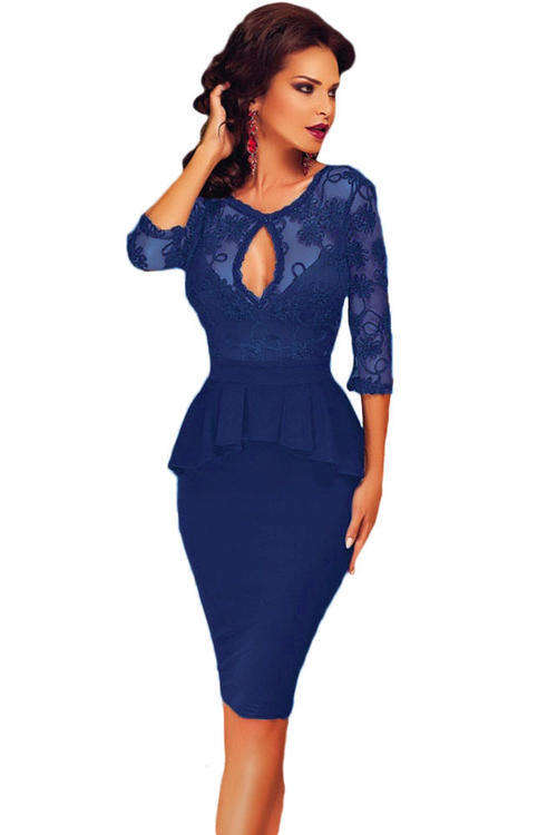 PRETTY EMBROIDERY MESH DETAIL PEPLUM DRESS