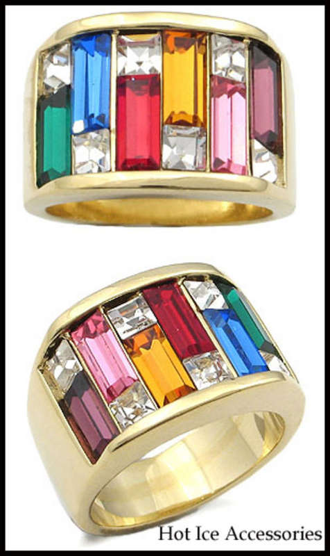 **INTERNATIONAL POSTAGE** MULTI COLOURED CZ 18K YELLOW GOLD PLATED RING