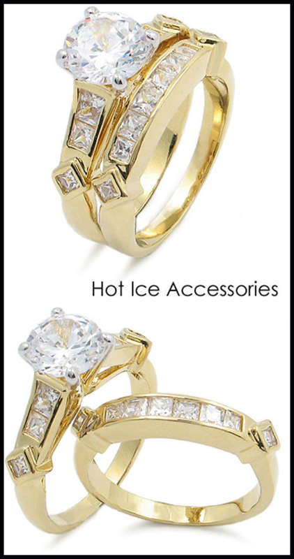 **INTERNATIONAL POSTAGE** SIMULATED DIAMOND 18K YELLOW GOLD PLATED WEDDING RING SET