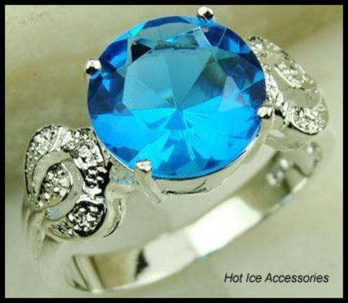 **INTERNATIONAL SHIPPING** STERLING SILVER HALLMARKED SIMULATED BLUE TOPAZ RING