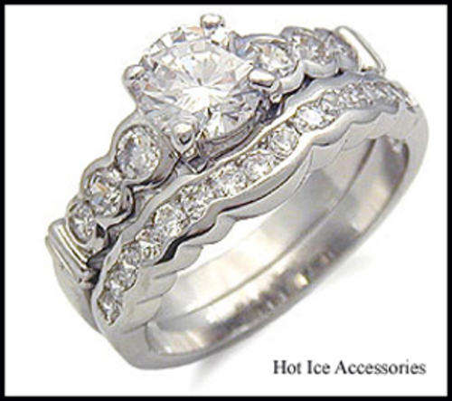 **INTERNATIONAL POSTAGE** SIMULATED DIAMOND 18K WHITE GOLD PLATED WEDDING RING SET