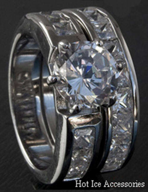 **INTERNATIONAL POSTAGE** SIMULATED DIAMOND 18K WHITE GOLD PLATED WEDDING RING SET