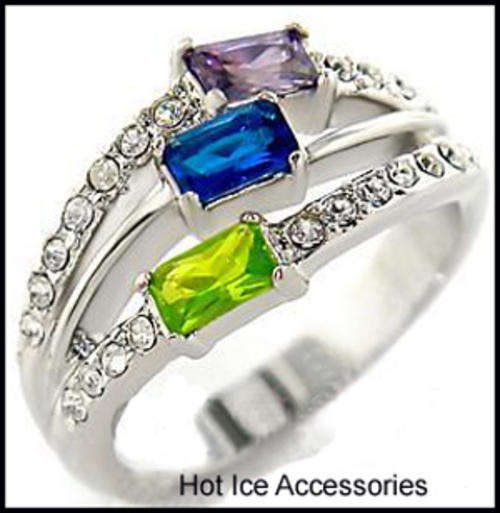 **INTERNATIONAL POSTAGE** 18K WHITE GOLD PLATED MULTI COLOURED RING