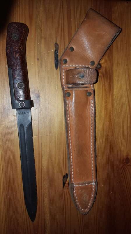 CZECHOSLOVAKIA VZ 57 BAYONET WITH ITS LEATHER SHEATH - BLADE HAS BEEN USED OTHERWISE GOOD CONDITION