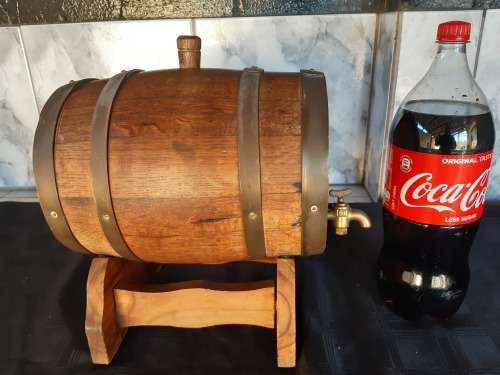 VINTAGE OAK WINE BARREL (300 mm) WITH BRASS HOOPS AND ON A CUSTOM MADE STAND